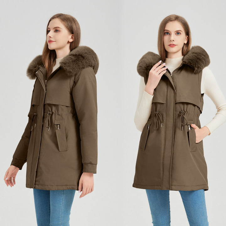 Functional jacket for women with removable faux fur collar and drawstring waist Lune London