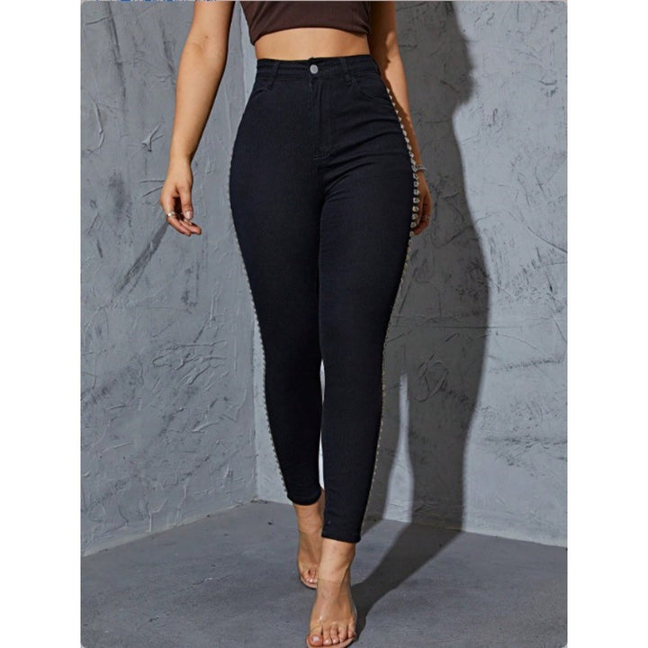 Women High-Waisted Skinny Jeans Leggings with Side Studded Band and Sculpting Effect Amarae