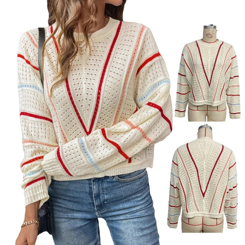 Knitted sweater for women with a generous openwork pattern structure and colorful accents Amarae
