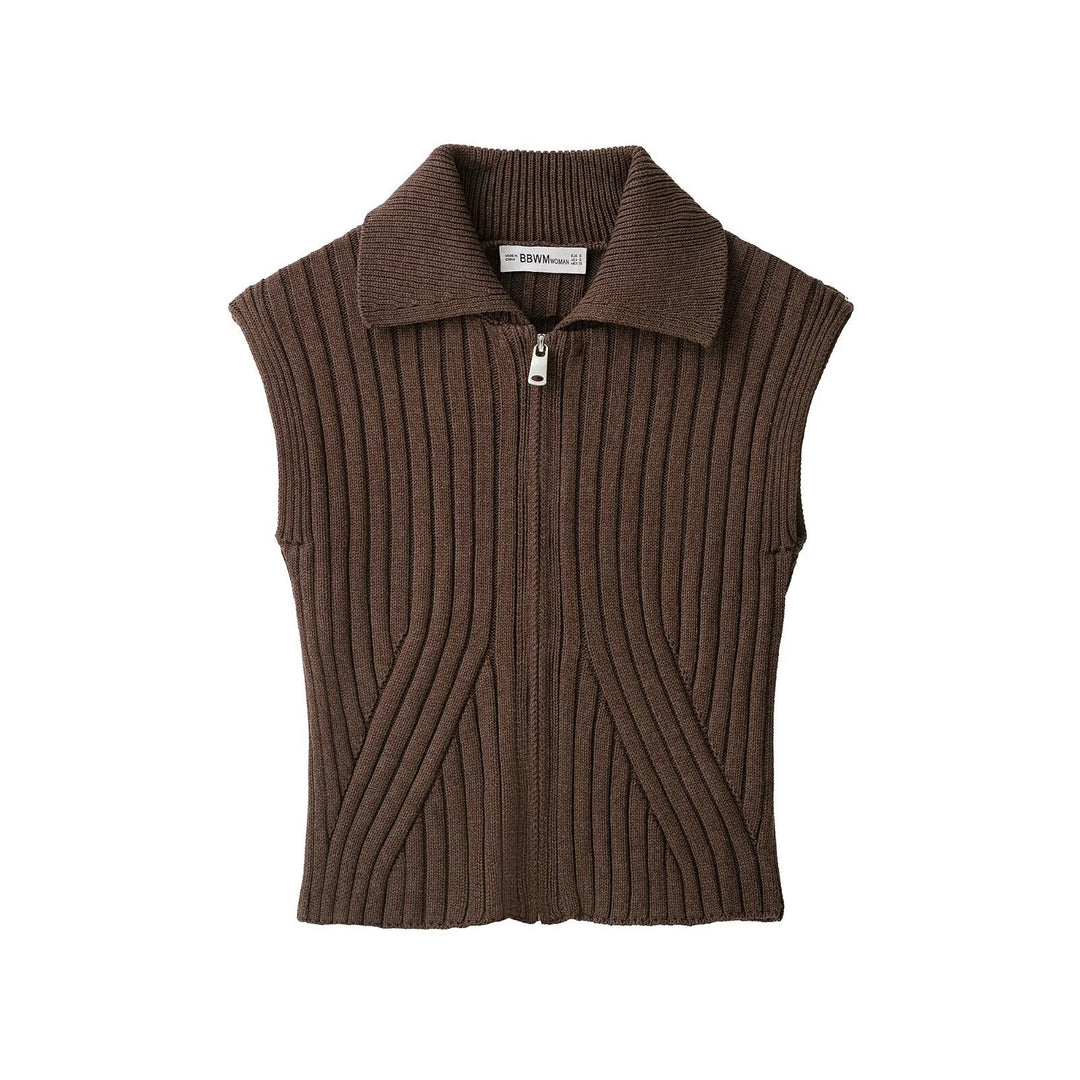 Women's Sleeveless Ribbed Knit Vest with Lapel Collar and Full Zipper Amarae