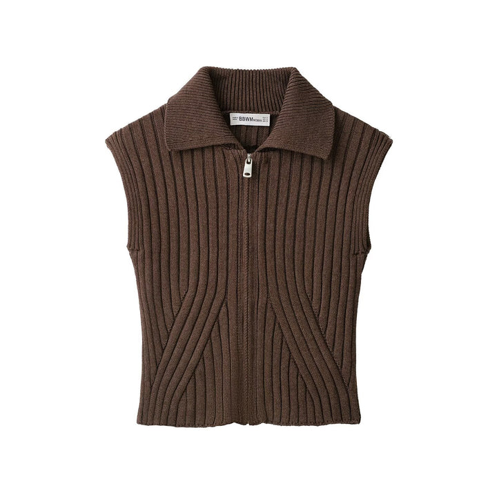 Women's Sleeveless Ribbed Knit Vest with Lapel Collar and Full Zipper Amarae