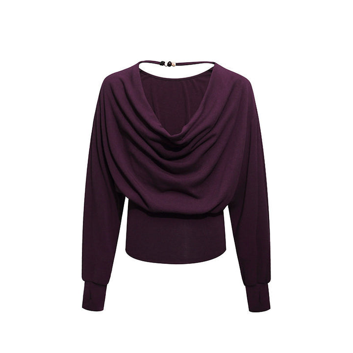 Women Draped Long Sleeve Top with Waterfall Collar, Open Back Strap and Fitted Ribbed Hem Amarae