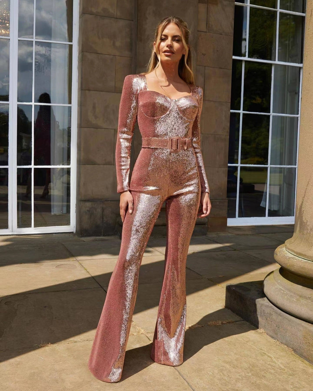 Ladies Glamorous Sequin Jumpsuit with Chic Waistline Lune London