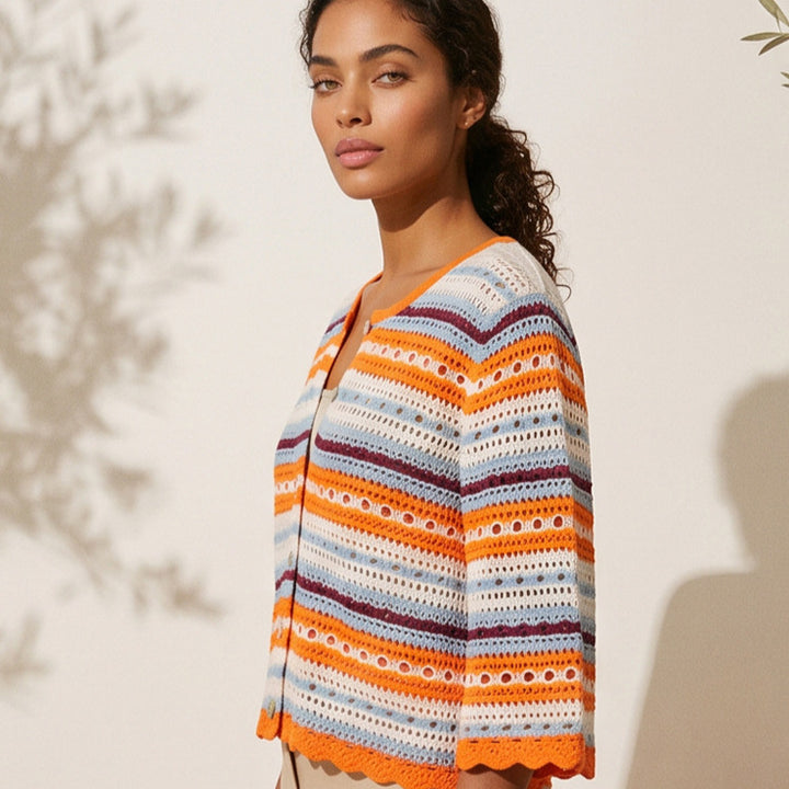 Women crocheted short jacket with shell hem, 3/4 sleeves & fine lace pattern Amarae