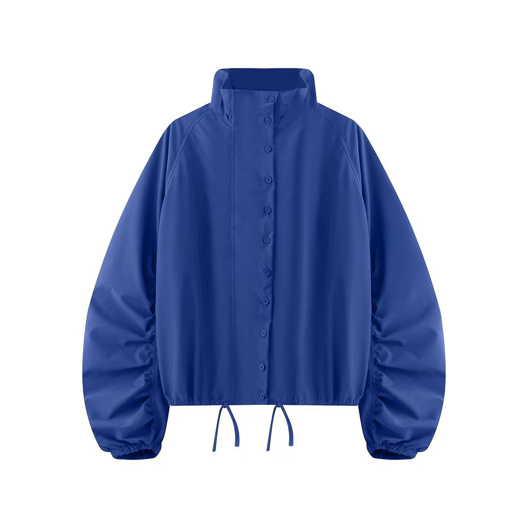 Women's transitional jacket with wide balloon sleeves, stand-up collar and drawstring.