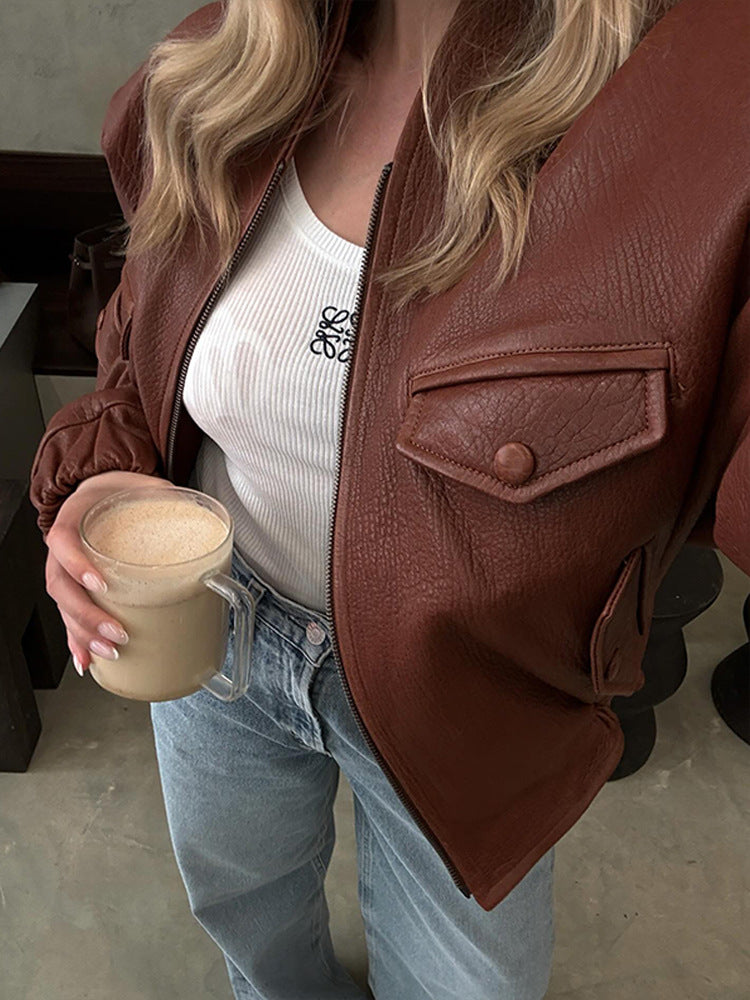 Fashionable synthetic leather jacket for women with unique pockets and elastic ribbed edge finishes Lune London