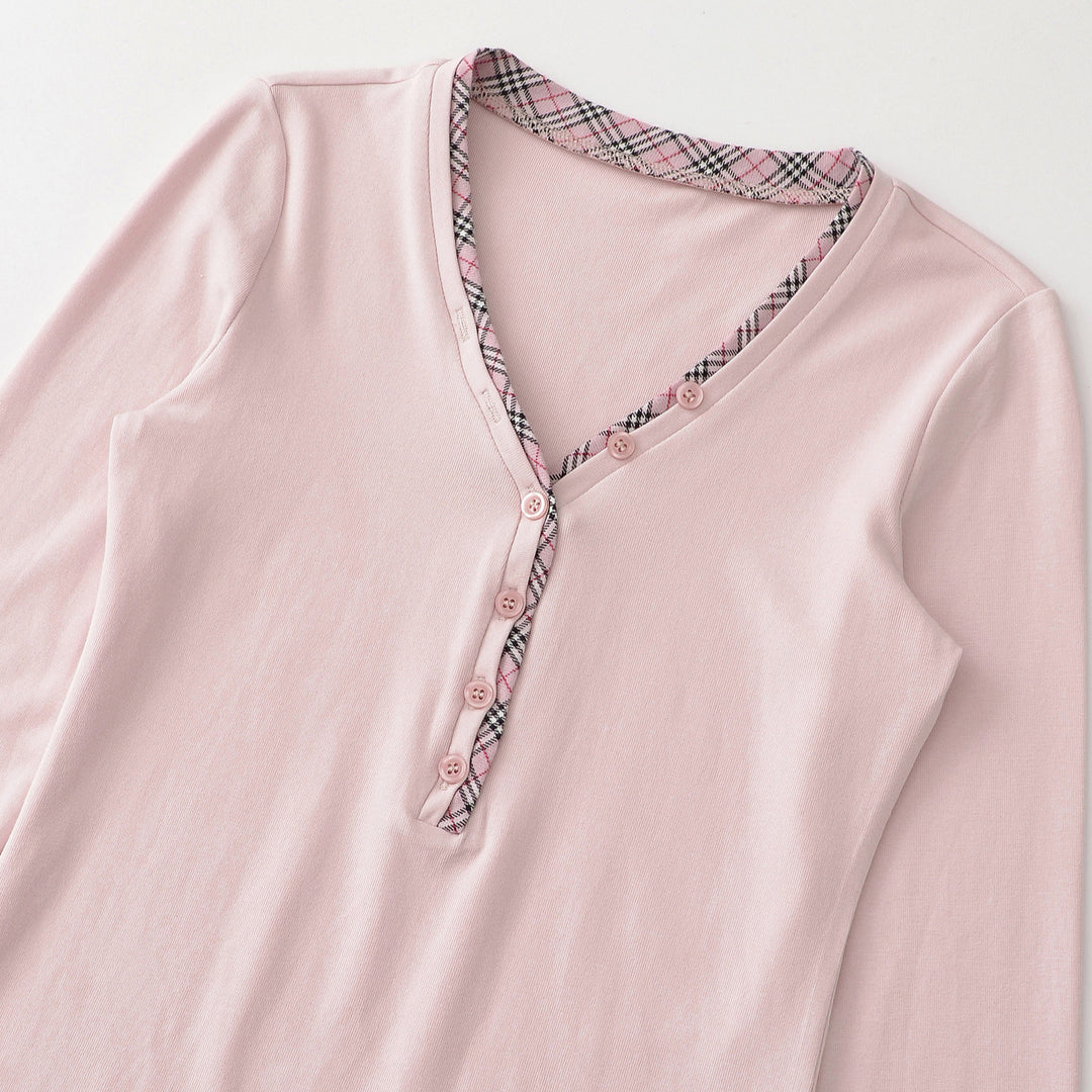 Women's long sleeve shirt with V-neck, button placket and check trim Amarae