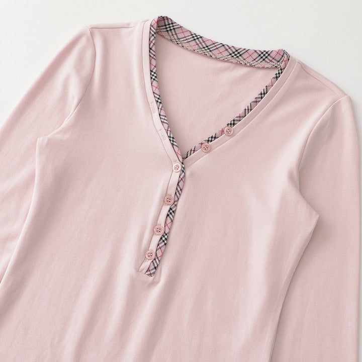 Women's long sleeve shirt with V-neck, button placket and check trim Amarae