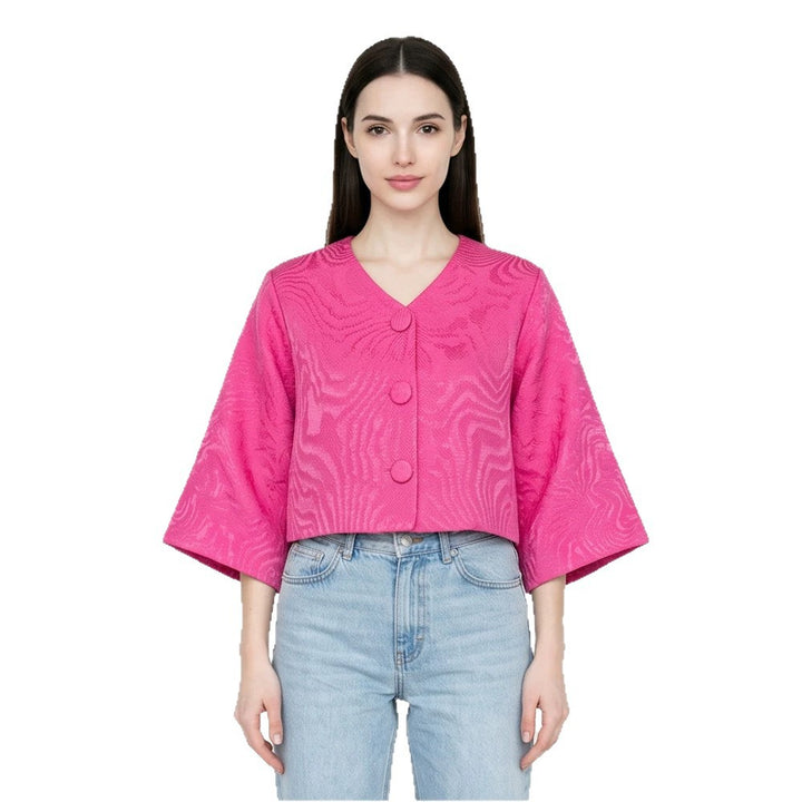 Women short-cut structured jacquard jacket with round neck & large fabric buttons Amarae