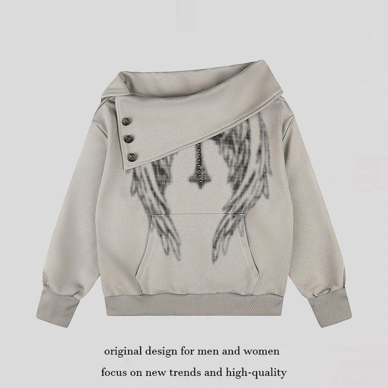 Women Asymmetric Sweatshirt with Wide Collar, Decorative Button Placket and Bead Application Amarae