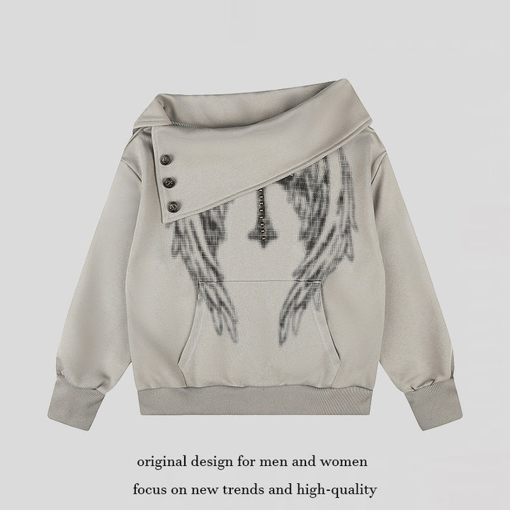 Women Asymmetric Sweatshirt with Wide Collar, Decorative Button Placket and Bead Application Amarae