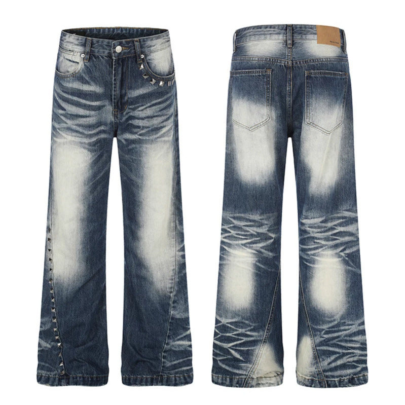 Women High-Waisted Wide Flare Jeans with Used Wash and Studded Trim Amarae