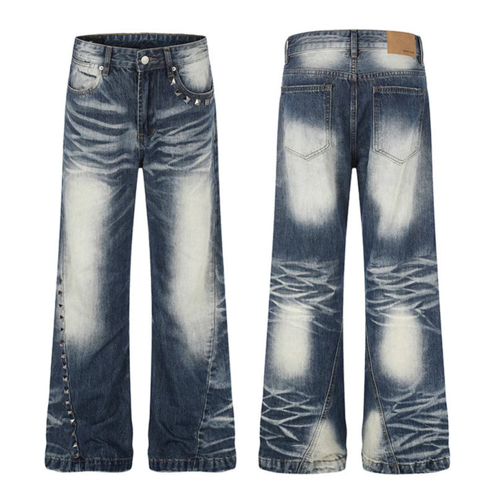 Women High-Waisted Wide Flare Jeans with Used Wash and Studded Trim Amarae