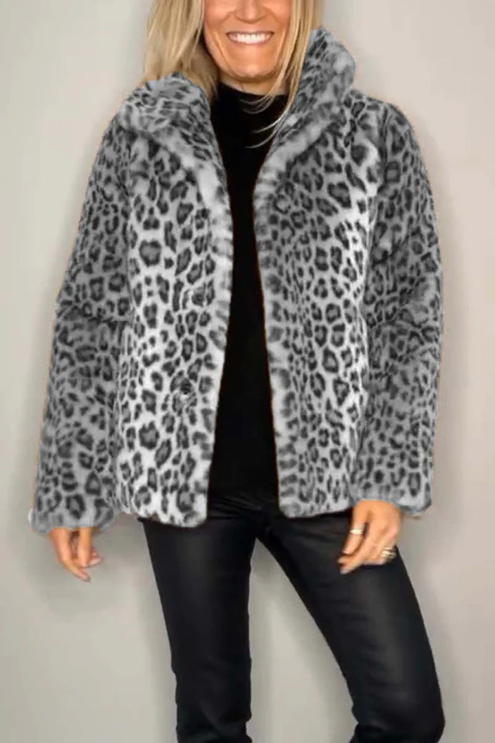Ladies Leopard Print Faux Fur Jacket with High Collar Lune London