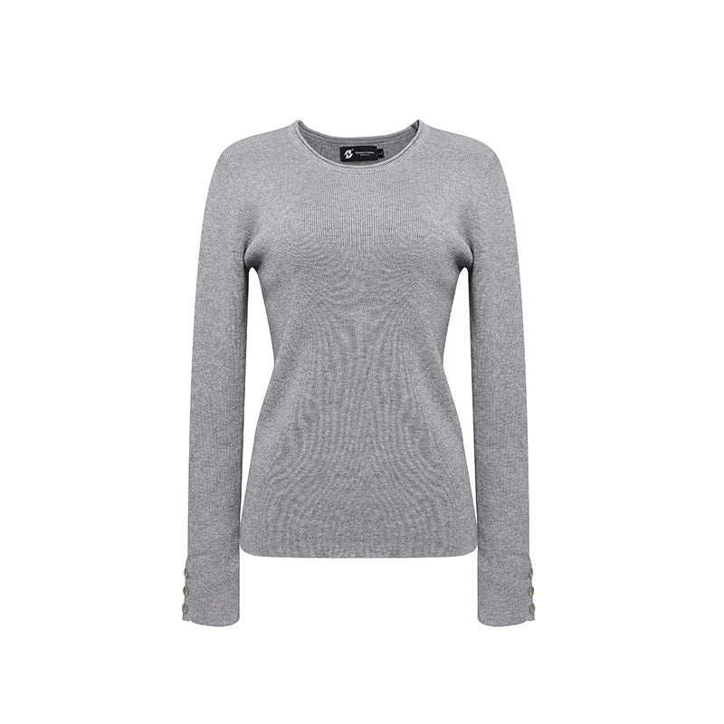 Women's fine knit sweater with round neckline, slim silhouette, and decorative button sleeves Amarae