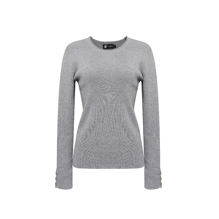 Women's fine knit sweater with round neckline, slim silhouette, and decorative button sleeves Amarae