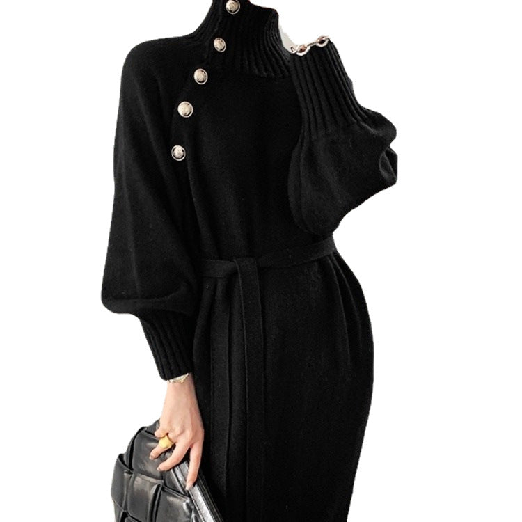 Robe en tricot à col haut et détails de boutons élégants Chic & Stil pour femmes