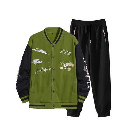Men's College Style Sports Jacket Set and Jogging Pants with Colorful Patterns Amarae