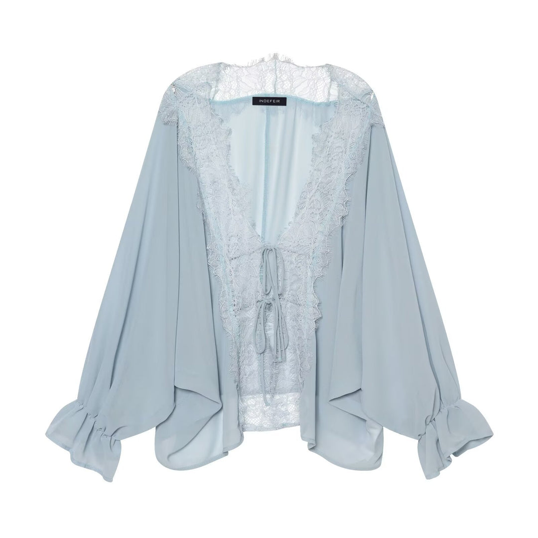 Women's Flowing Kimono Blouse with Lace Trim and Tie Band Amarae