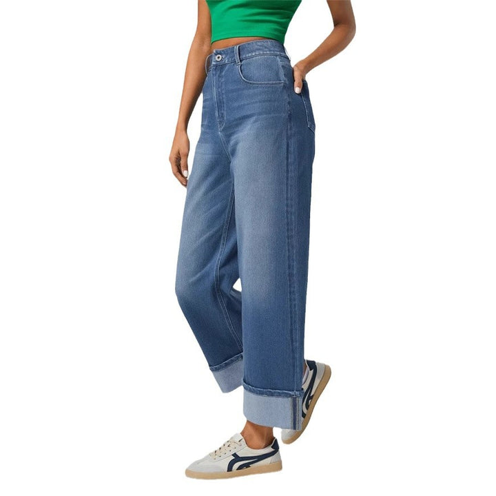 Wide leg denim pants for women with cuffed hem Chic & Stil