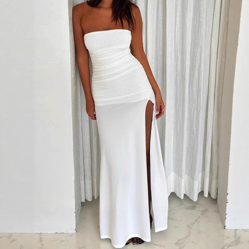Elegant sleeveless maxi dress for women with high slit and ruffles Amarae