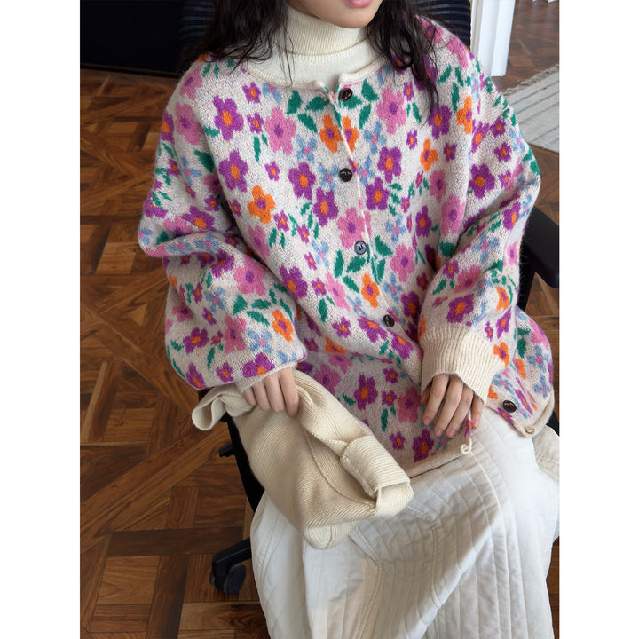 Women's Chunky Knit Button Cardigan in Floral Jacquard with Fluffy Mohair Look Amarae