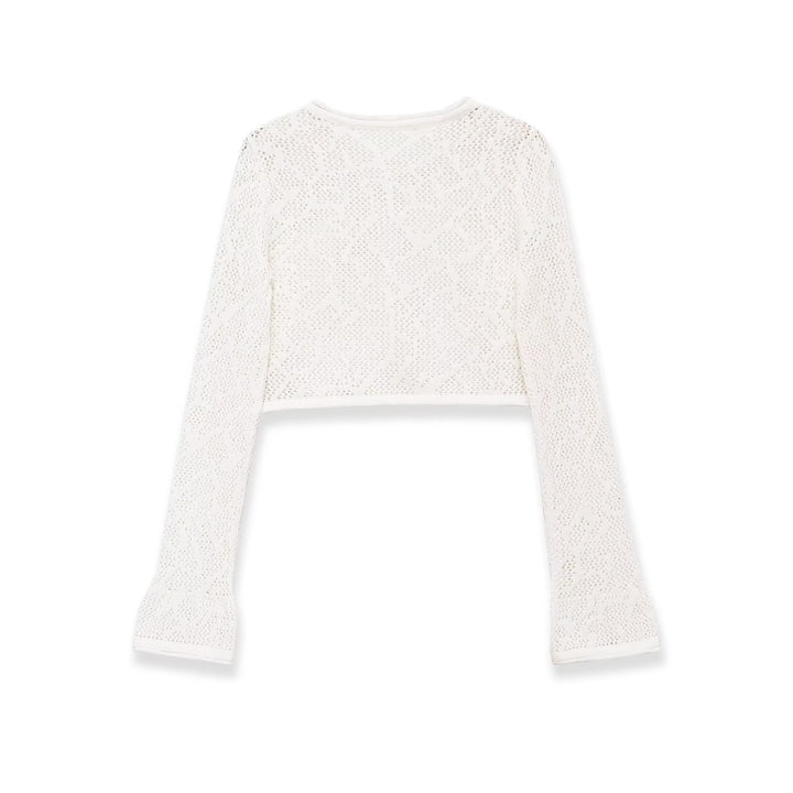 Women's Short Cut Lace Knit Crop Top with Round Neckline and Slightly Flared Sleeves Amarae