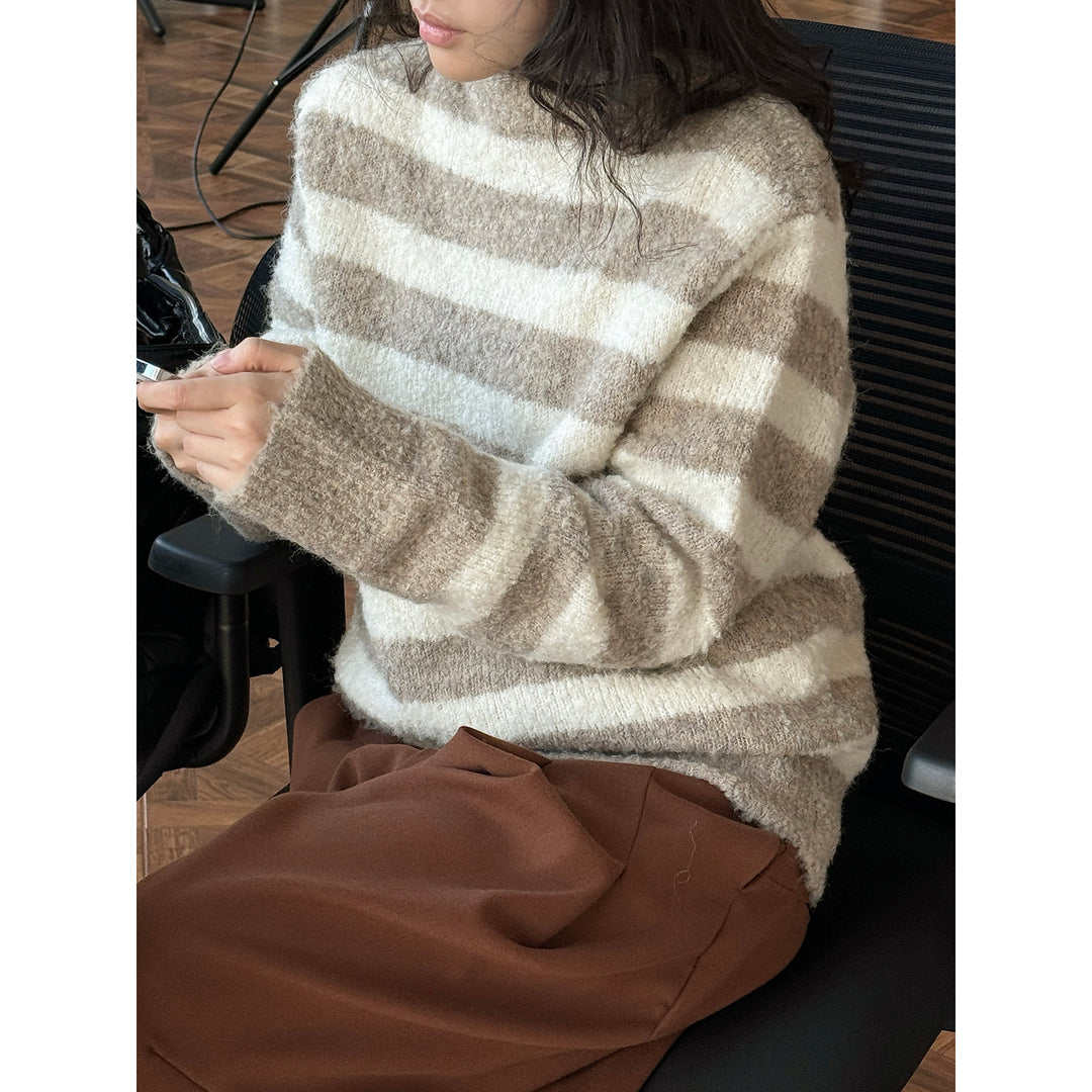 Women's Fluffy Boucle Striped Sweater with Round Neck and Relaxed Fit