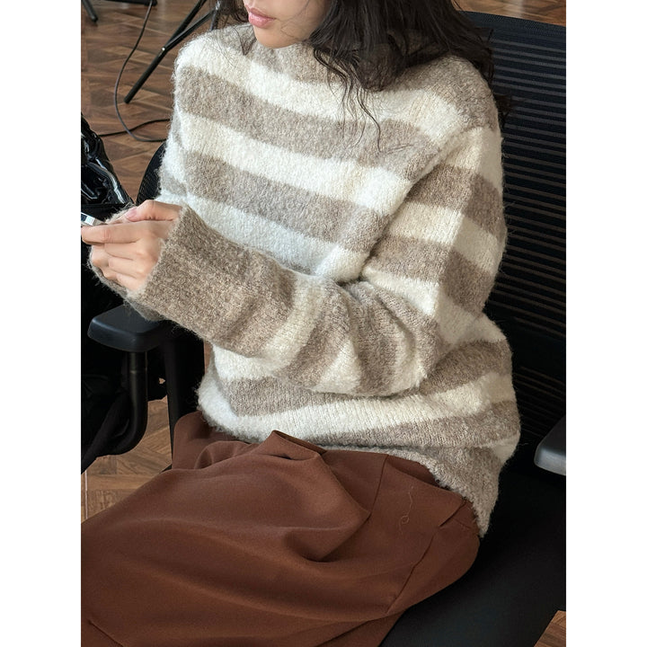Women's Fluffy Boucle Striped Sweater with Round Neck and Relaxed Fit