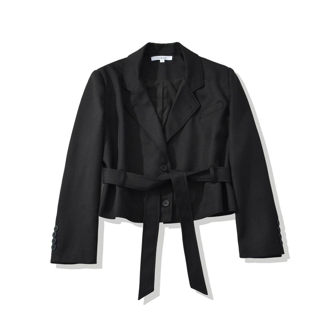 Women's Short Blazer with Waist Belt and Lapel Collar Amarae