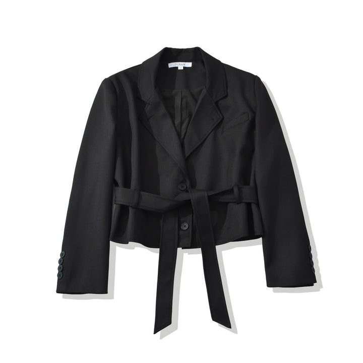 Women's Short Blazer with Waist Belt and Lapel Collar Amarae