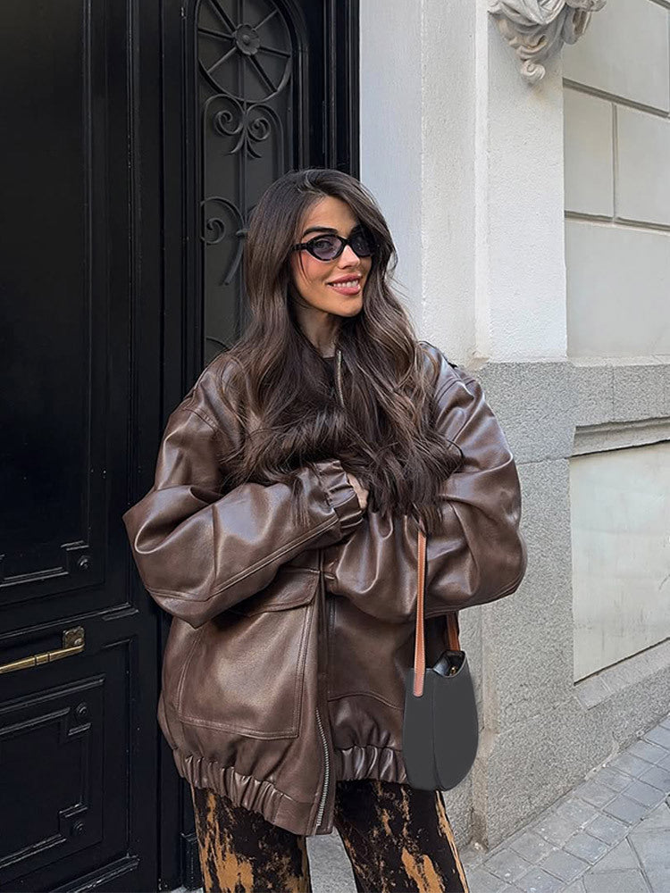 Women's Oversized Vegan Leather Bomber Jacket with Elastic Hem & Large Flap Pockets Amarae