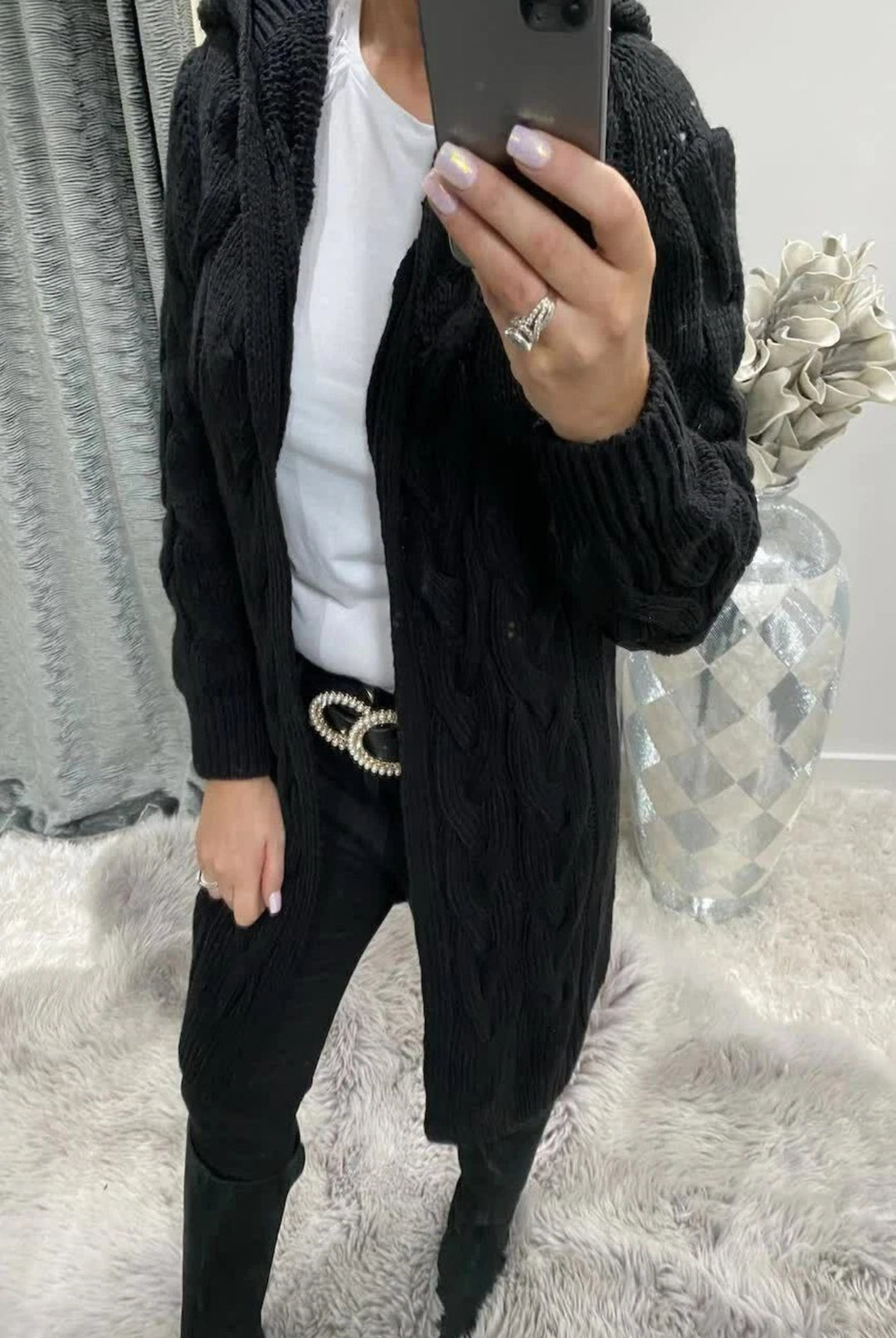 Thick knit jacket for women with an elegant cable pattern and a practical hood Lune London