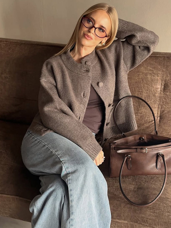 Women's Chunky Knit Cropped Cardigan with Round Snap Buttons and Oversized Sleeves Amarae