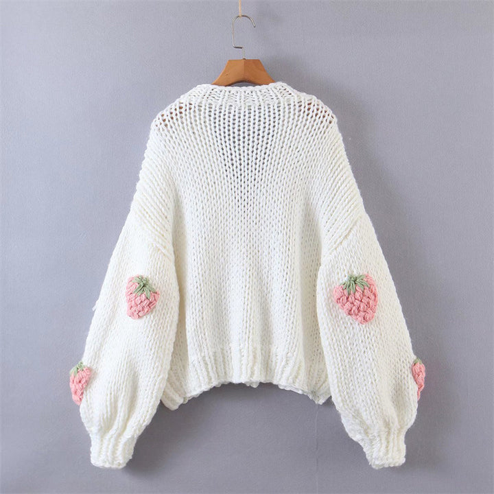 Womens knit jacket with strawberry appliqués and button closure Lune London