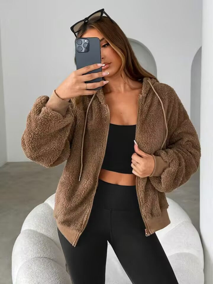 Teddy-fleece jacket for women with hood and elastic cuffs Lune London
