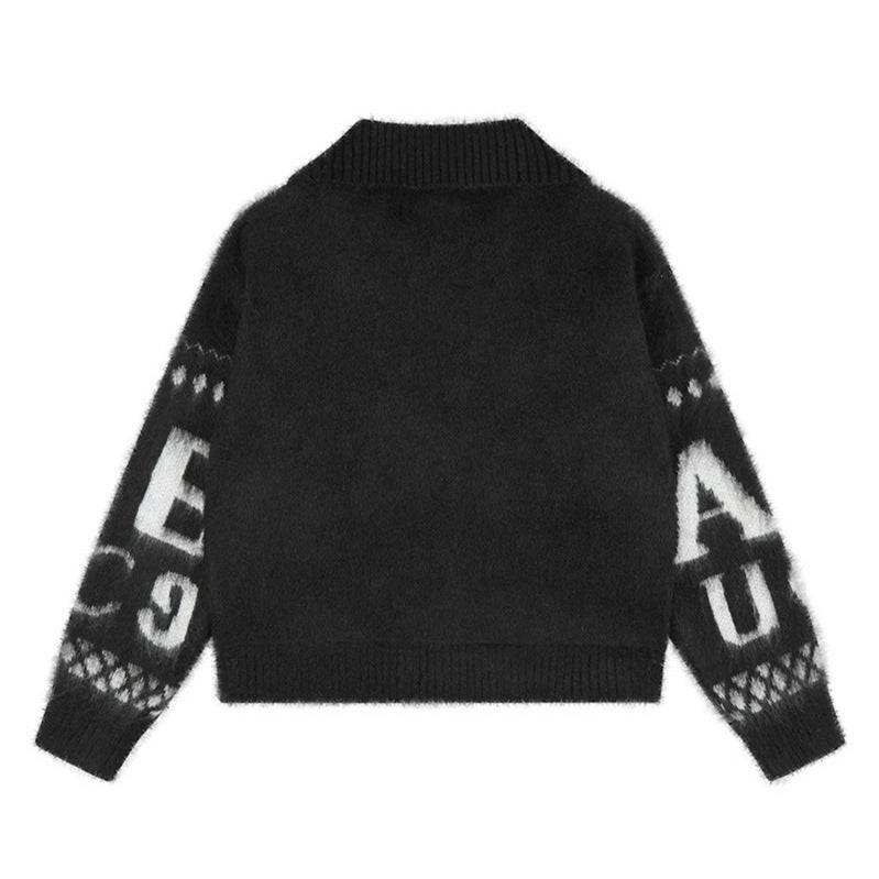 Women’s oversized mohair cardigan with button placket, large lapel collar, and typographic all-over print Amarae