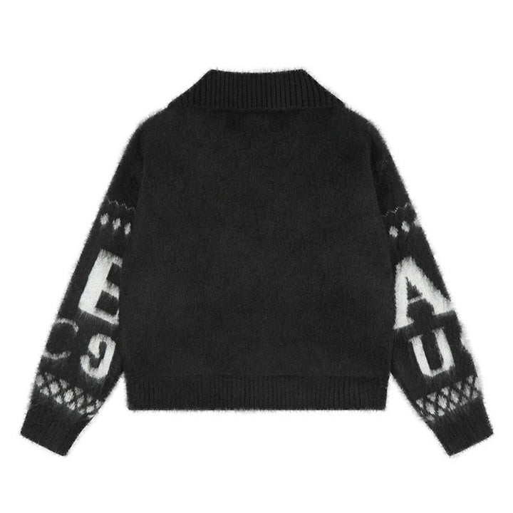 Women’s oversized mohair cardigan with button placket, large lapel collar, and typographic all-over print Amarae