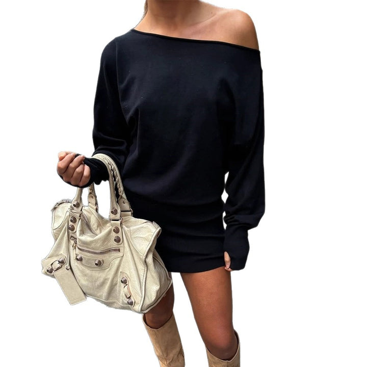 Women Oversized Off-Shoulder Fine Knit Set with Long Sleeve Sweater and Fitted Mini Skirt Amarae