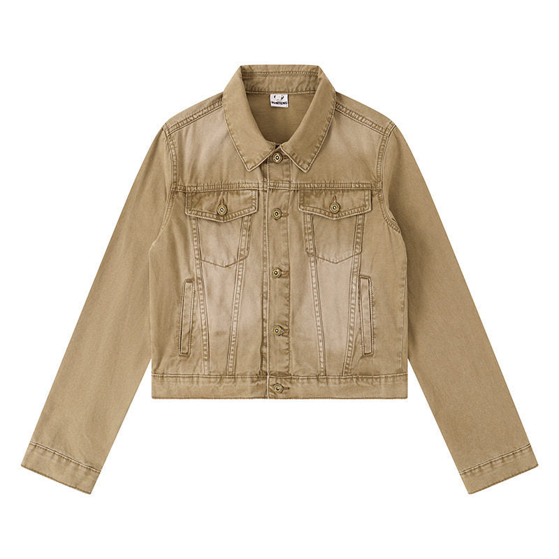 Women's Short Denim Jacket in Vintage Style with Button Placket, Chest Pockets and Fitted Cut Amarae