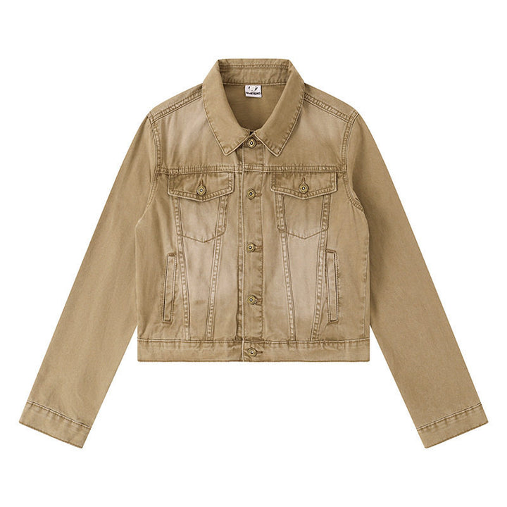 Women's Short Denim Jacket in Vintage Style with Button Placket, Chest Pockets and Fitted Cut Amarae