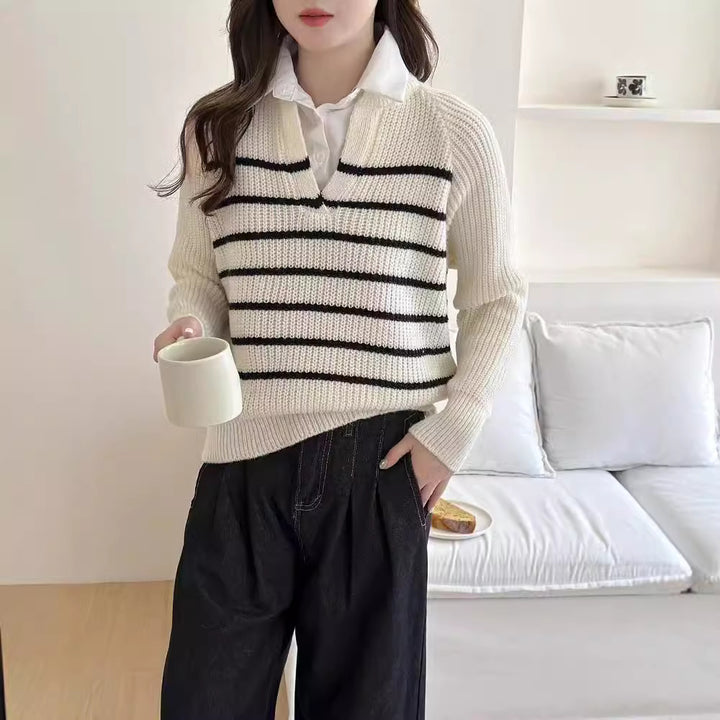 Knit sweater for women with V-neck and striped design Lune London