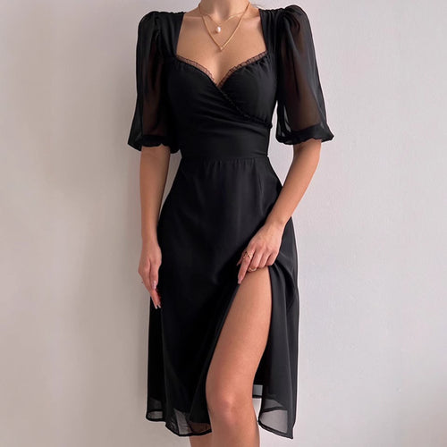 Women's Elegant Maxi Dress with Puff Sleeves and Deep Slit Amarae