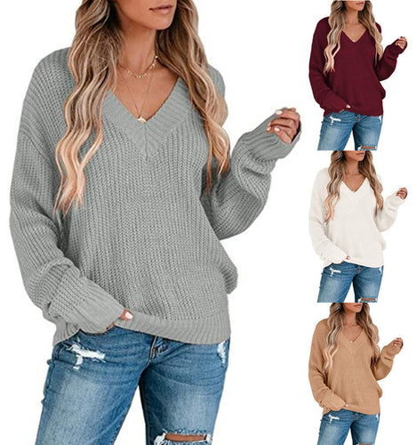 Knitted V-neck sweater for women with a textured pattern and an oversized fit Amarae