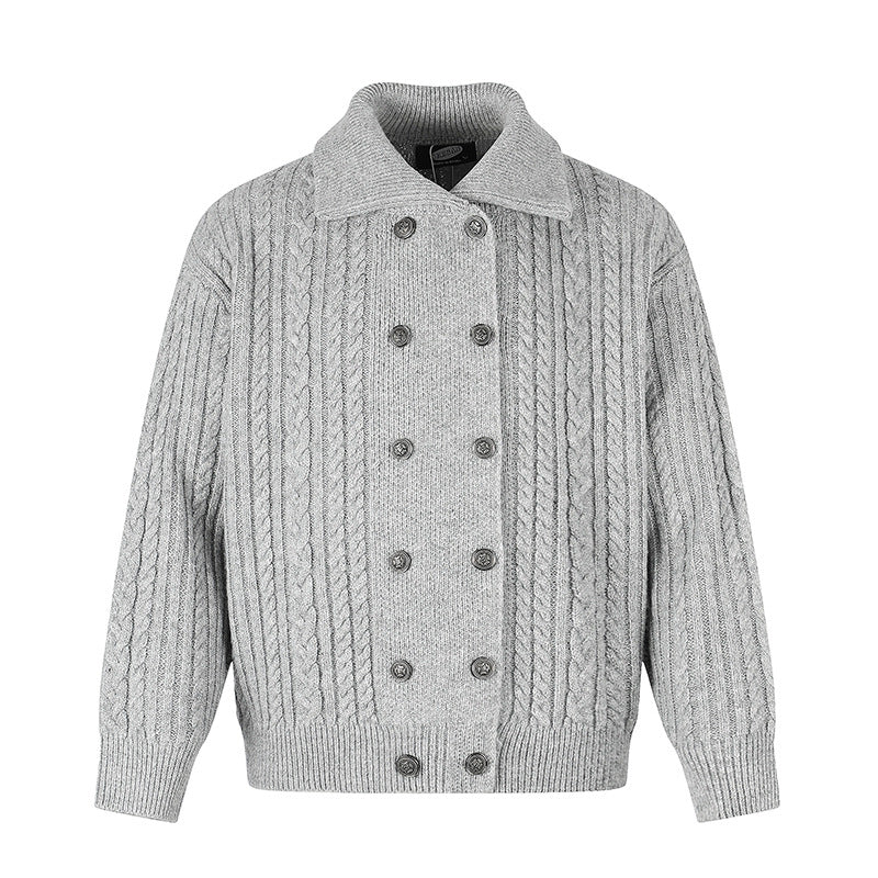 Women's Double-Breasted Cable Knit Cardigan with Shirt Collar and Ribbed Cuffs Amarae