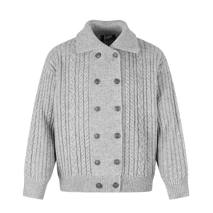 Women's Double-Breasted Cable Knit Cardigan with Shirt Collar and Ribbed Cuffs Amarae