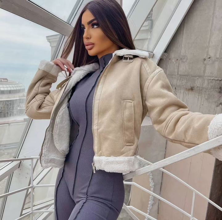 Women's Short Aviator Jacket with Teddy Lining and Faux Leather Look Amarae