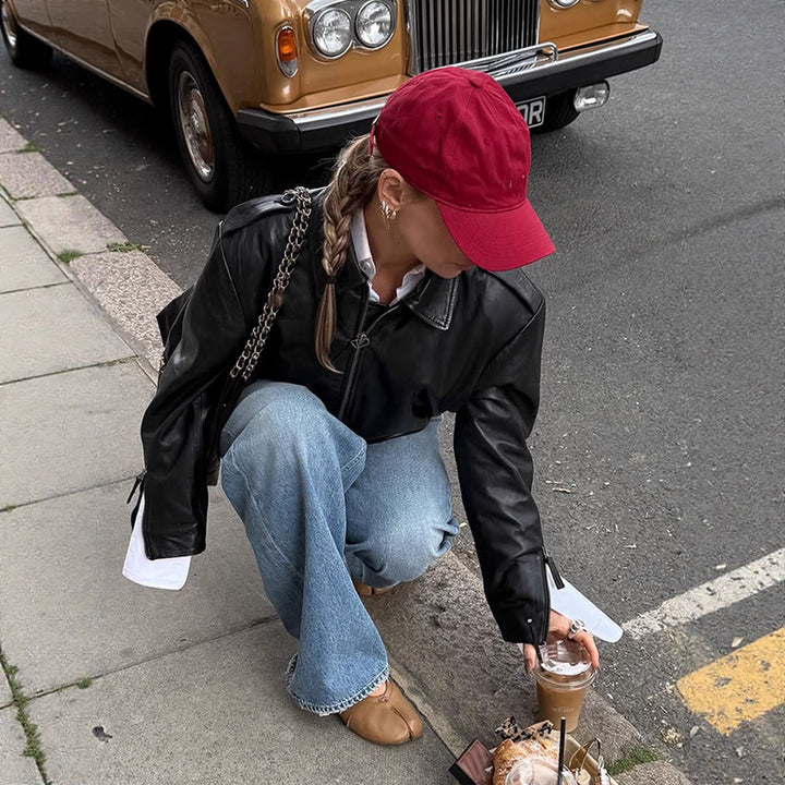 Women's Short Blouson in Layering Look made of Faux Leather with Oversized Shirt Sleeve Detail Amarae