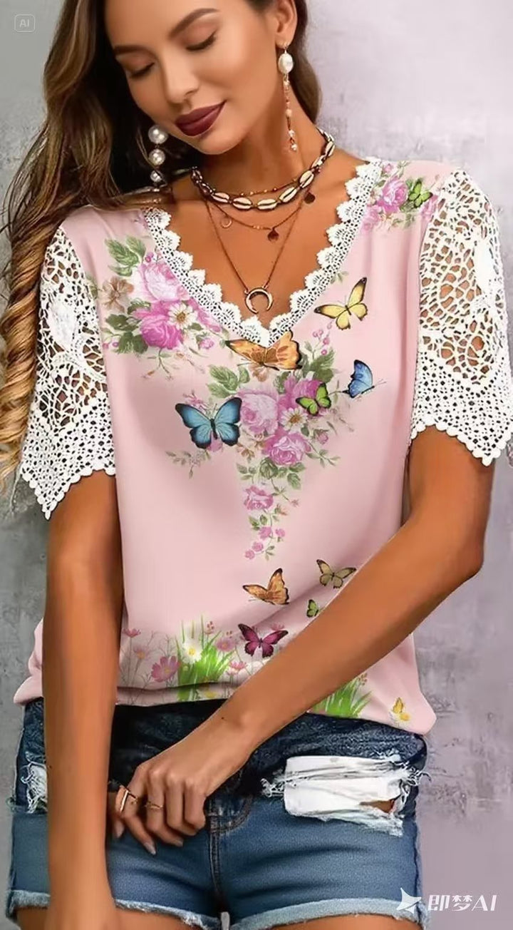 Women's blouse with floral lace and playful butterfly print Lune London