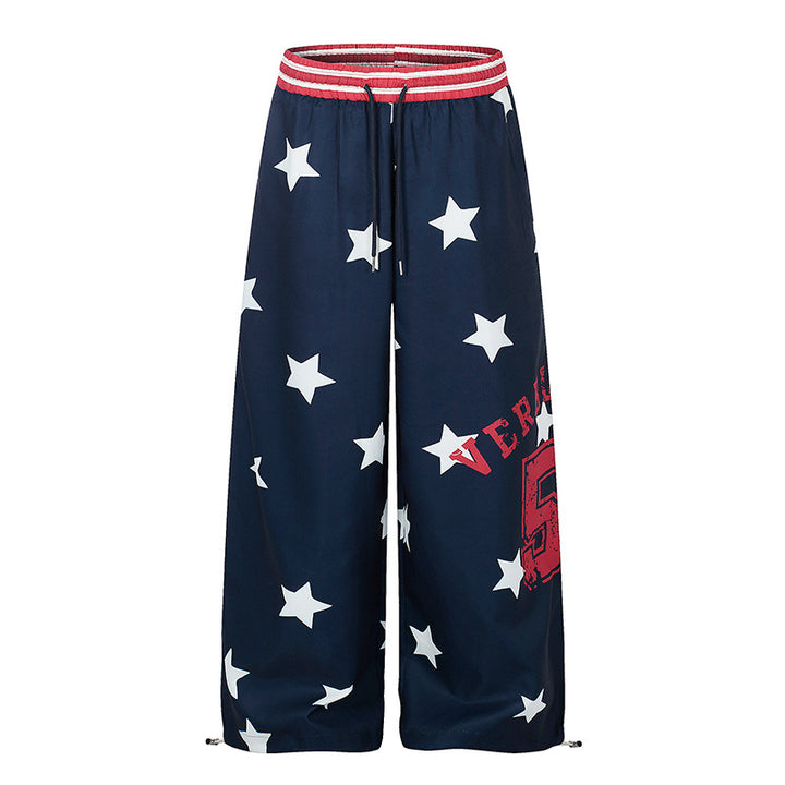 Ladies Palazzo Lounge Pants in Athleisure Style with Star Allover, High Ribbed Waistband and Statement Print Amarae